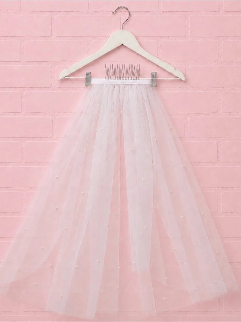 Elegant Pearl Embellished Fingertip Length Wedding Veil